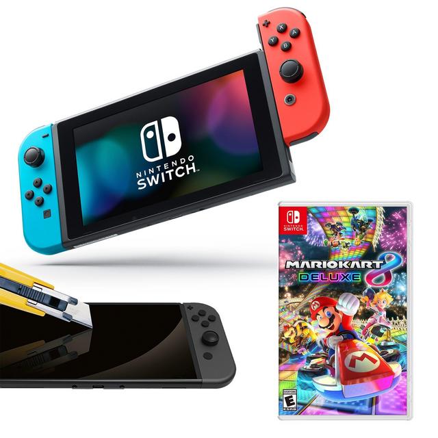 Nintendo Switch Neon Joy-Con with Screen Protector and Mario Kart 8 Deluxe System Bundle