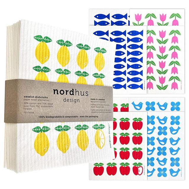 Nordhus Design Swedish Dishcloths for Kitchen: Original Reusable Quick Drying Cellulose Sponge Cleaning Cloths Replace Paper Towels, Dish Sponges and Dish Rags- Swedish Dish Clothes Set of 10