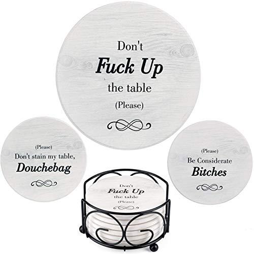 Funny Coasters for Drinks Absorbent with Holder - 6 Pcs Novelty Gift Set - 3 Sayings - Unique Present for Friends, Men, Women, Housewarming, Birthday, Living Room Decor, White Elephant, Holiday Party
