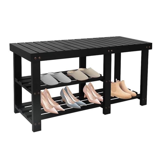 Acehome Shoe Rack Bench, 3 Tier Entryway Shoe Rack with Seat, 33.6 Inch Shoe Bench with Storage, Wood Shoe Organizer, Storage Shoe Shelf, Storage Bench for Entryway, Bathroom, Hallway, Black