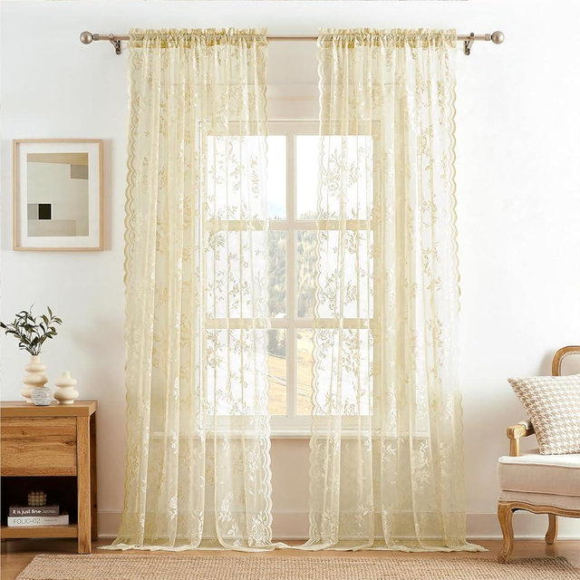SEEKRIGHT Beige Lace Curtains 90 Inches Long Victorian Floral Sheer Curtains for Living Room Bedroom Decor Drapes Rod Pocket Light Filtering French Window Curtain 2 Panels Set for Dining Room, 52x90