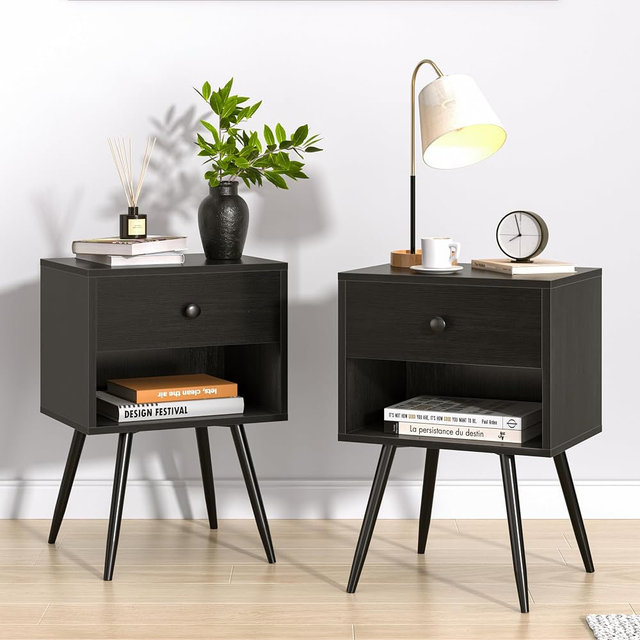 VECELO Nightstands Set of 2, Mid Century Modern End Bedside Table, Night Stand with Storage Drawer and 2 Tiers Open Shelf for Small Place, Bedroom, Living Room, Easy Assembly, Black