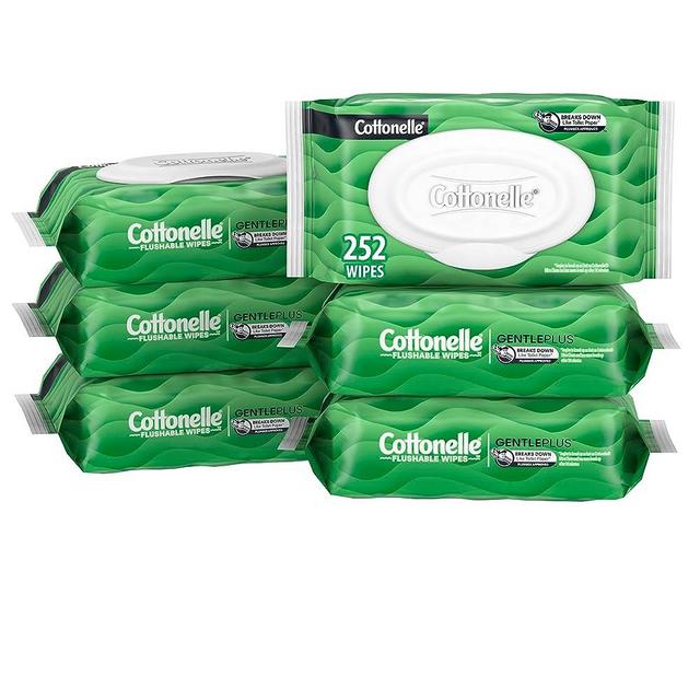 Cottonelle GentlePlus Flushable Wet Wipes with Aloe & Vitamin E, Adult Wet Wipes, 6 Flip-Top Packs, 42 Wipes per Pack (6 Packs of 42) (252 Total Flushable Wipes), Packaging May Vary