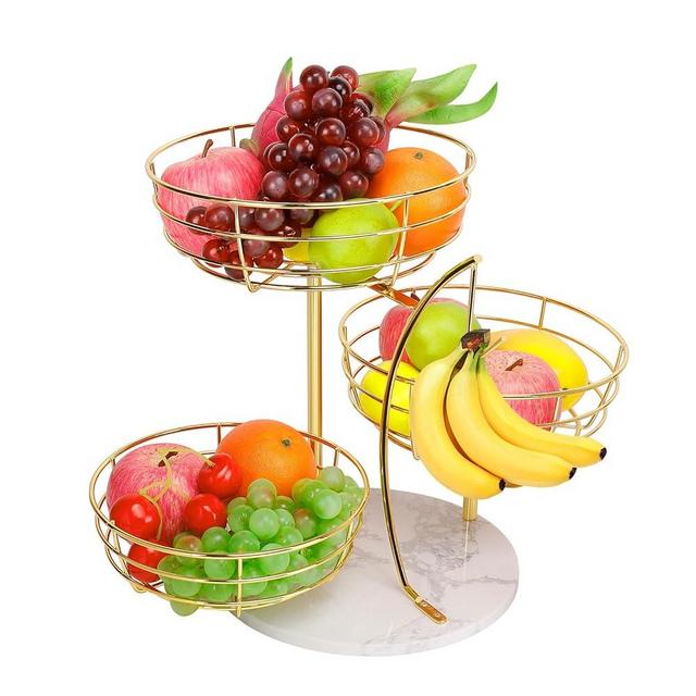 Livabber 3-Tier Fruit Basket Bowl with Banana Hanger, Metal Fruit Vegetable Storage Basket with Banana Tree Holder for Kitchen Counter, Detachable Organizer for Bread Snack Produce (Gold, Marble)