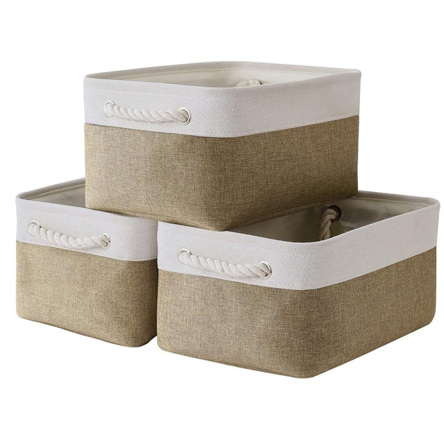 TheWarmHome Storage Basket for Organizing - 14x10x7 inch Medium 3 Pack Collapsible Storage Bin for Shelves with Handles, Canves Storage Box for Organizer Cubes Cloth Gift Toy Closet (White & Khaki)
