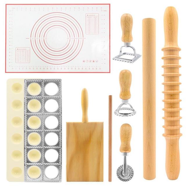 8in1 Ravioli Gnocchi Pasta Dumpling Noodle Maker Cutter Press Mold Stamp - Pasta Manual Accessories Homemade Essentials Making Tool Kit w/Silicone Pastry Mats, Wooden Dough Roller Rolling Pin