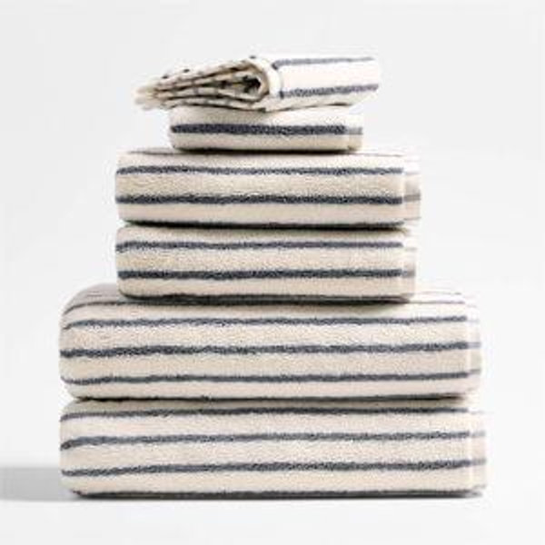 Organic Turkish Cotton Pampas Ivory and Evening Blue Stripe Bath Towels, Set of 6