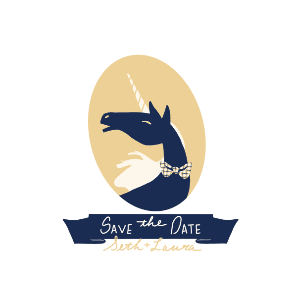 Illustrated by Natalie Budnyk, based on an initial sketch by Seth, our save the date incorporates the national animal of Scotland, the unicorn