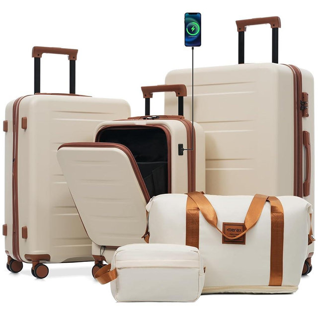 Merax Luggage Sets 5 Piece Front Open, Hardside 20" Carry On Suitcase Set with USB Port,Lightweight Expandable Travel 24" 28" Luggage with Bags TSA Locks Double Spinner Wheels,White and Brown