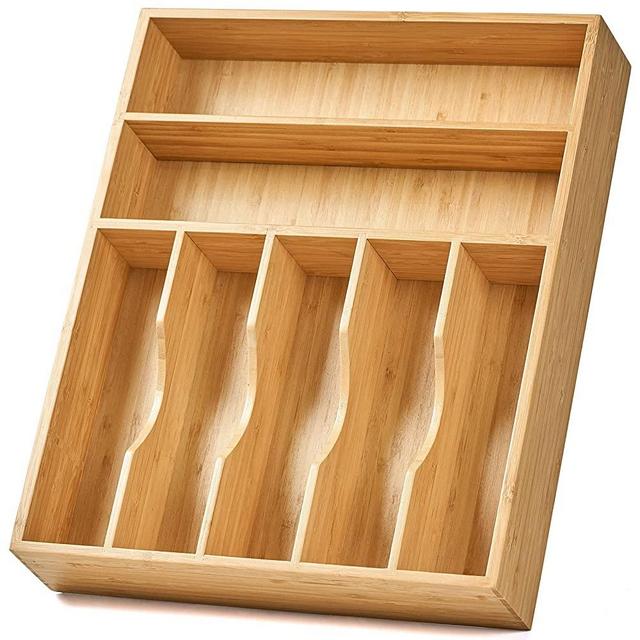 Kitchen Drawer Organizer, 13 Inch Silverware Utensil Tray Holder, Extra Deep, with Non-Slip Feet & Grooved Drawer Divider, 7 Slots Total Bamboo Wood Caddy for Flatware Cutlery Knives, Forks, Spoons