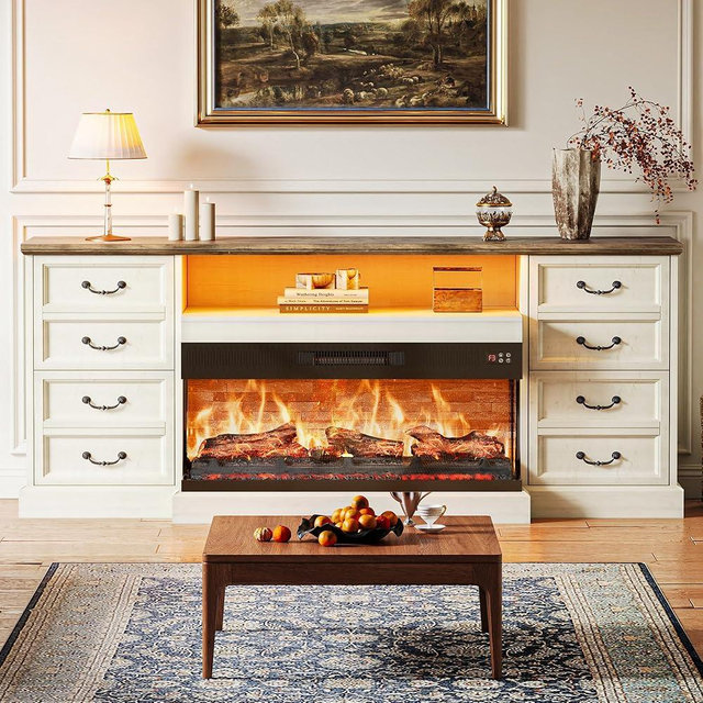 Huuger Fireplace TV Stand with LED Lights for 75 Inch TV, 3-Side Glass Fireplace Entertainment Center, 70 Inch Farmhouse Television Stands Stand with 4 Deep Drawers for Living Room, Distressed White