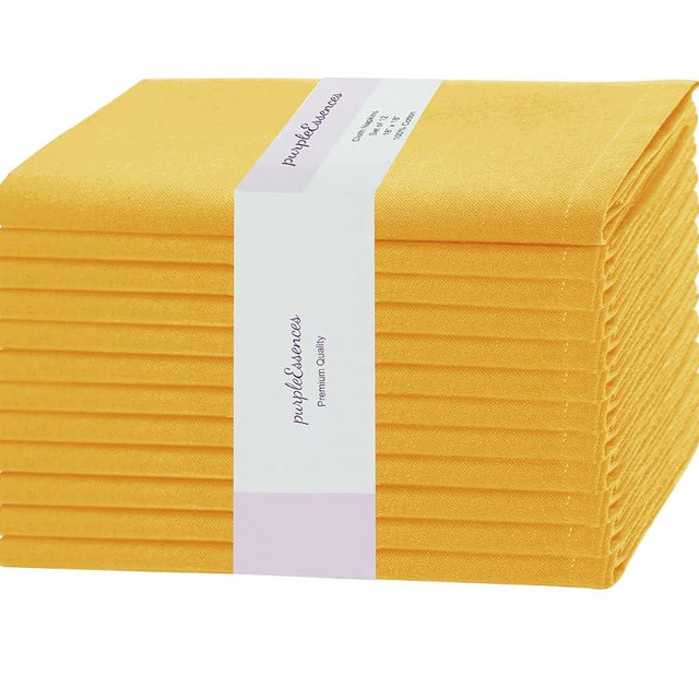 PurpleEssences Set of 12 Cloth Dinner Napkins 100% Cotton 18x18 Inch - Soft Durable Washable - Ideal for Farmhouse Party Fall Thanksgiving - Perfect Everyday Use Table Linen - Golden Yellow