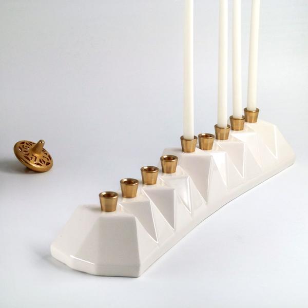 Hanukkah Oil Menorah, White ceramic