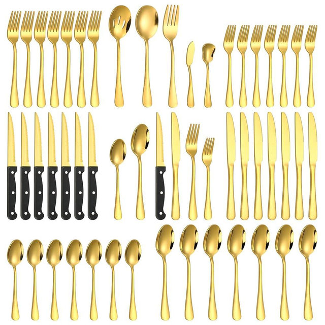 Lazycorner 53 Piece Gold Silverware Set for 8, Flatware Set with Steak Knives for 8 and 5 Public Serving Use Set 18/10 Stainless Steel Utensils Set Cutlery Set For Restaurant Hotel Dishwasher Safe