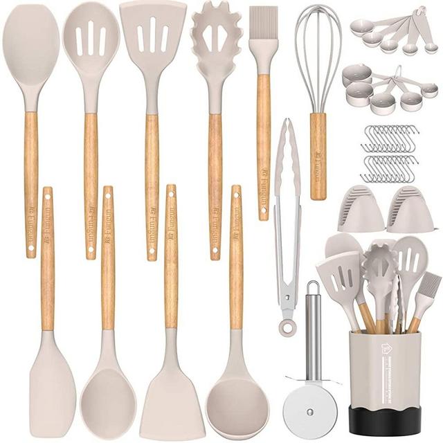 Kitchen Cooking Utensil Set, Fungun 26 pcs Cooking Utensils - Nonstick Kitchen Utensils Cookware Set Spatula Set -Kitchen Gadgets Utensils Set, Kitchen Tools Gift-khaki