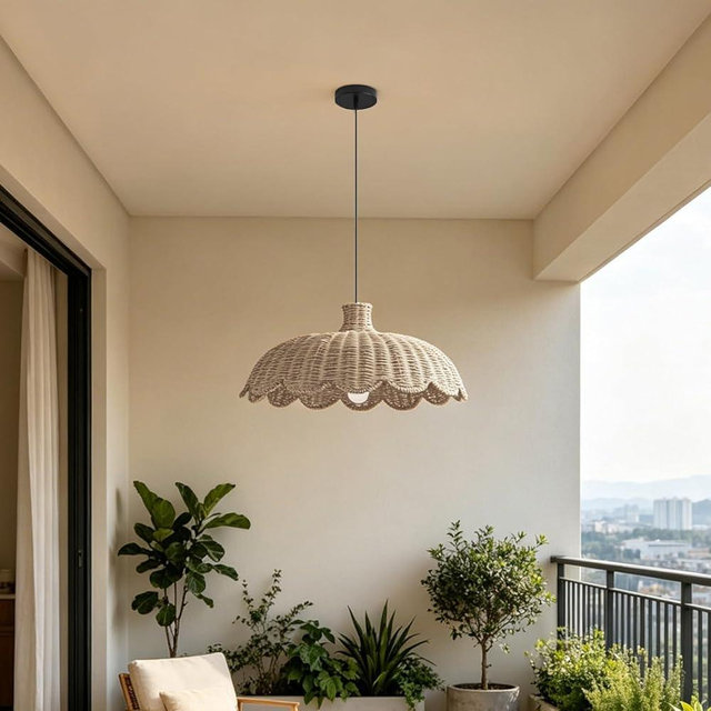 MIXL-Rattan Woven Pendant Light,Scalloped Shade Small Hanging Light,Rustic Kitchen Island Lighting,Boho Style Pendant Lamp for Living Room Bedroom