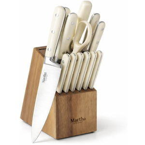 MARTHA STEWART Eastwalk 14 Piece High Carbon Stainless Steel Cutlery Kitchen Knife Block Set w/ABS Triple Riveted Forged Handle Acacia Wood Block - Linen White