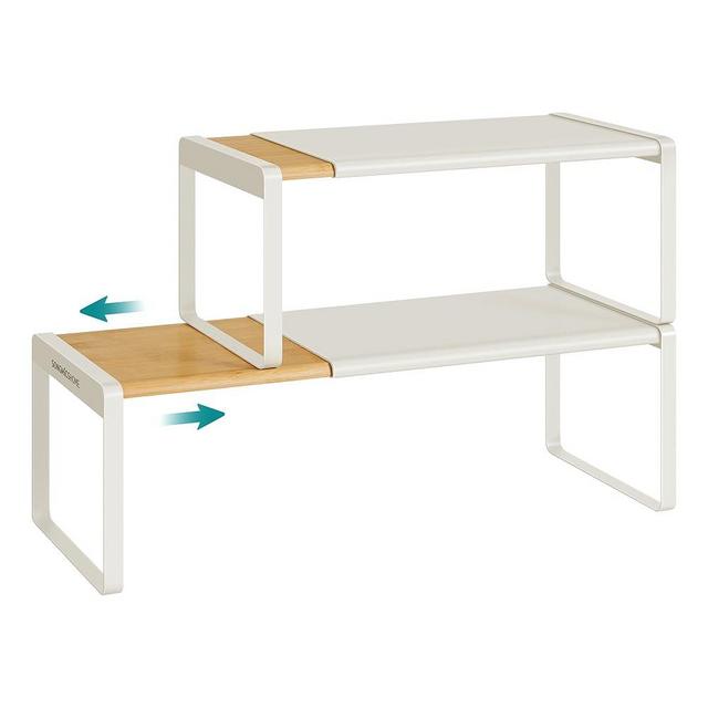 SONGMICS HOME Spice Racks, Expandable Cupboard Shelf Orgnizers, Kitchen Counter Shelves, Bamboo and Metal, Space-Saving Shelving, Stackable, Natural Beige and Cream White UKCS051N01