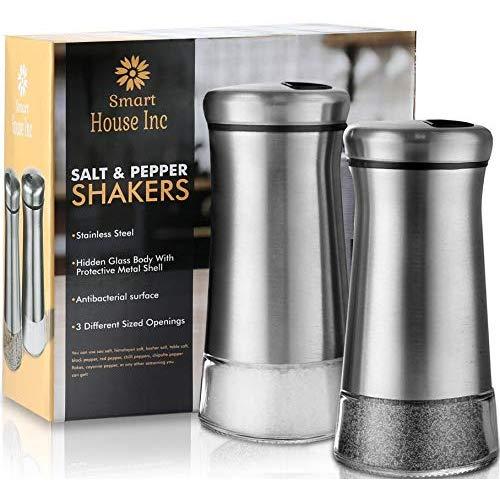 Salt and Pepper Shakers - Spice Dispenser with Adjustable Pour Holes - Stainless Steel & Glass -Set of 2 Bottles By Smart House Inc