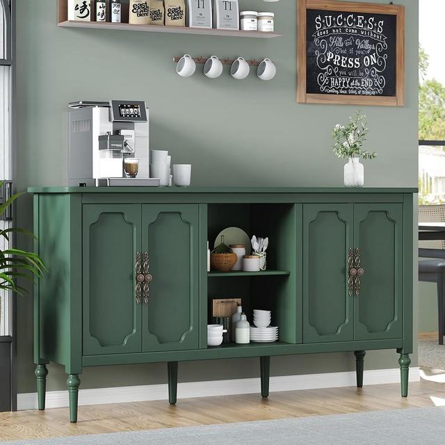 MOIANJI Vintage Buffet Sideboard Cabinet with 4 Doors, 59" Mid Century Modern Storage Cabinet with Shelf, Decorative Accent Credenza TV Stand (Green)