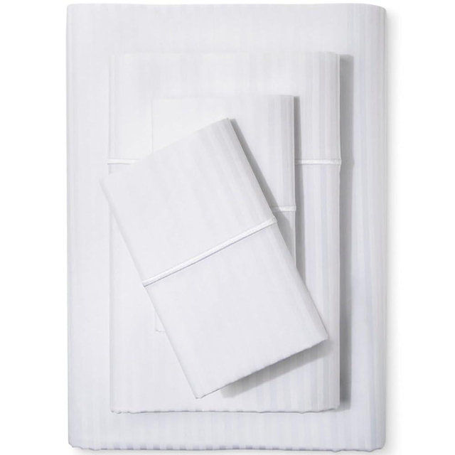 Feather & Stitch 500 TC Split King Size Damask Bed Sheet Set, 100% Cotton Soft Breathable Bedsheets, 5 Piece 18" Deep Pockets Sateen Weave Striped Bedding Mattress Resort Hotel - (White Stripe)