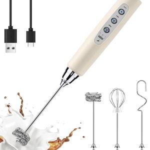 YUSWKO Beige Handheld Milk Frother Wand for Coffee, Rechargeable Electric Whisk with 3 Heads 3 Speeds Drink Mixer Coffee Frother For Latte, Cappuccino, Hot Chocolate, Egg