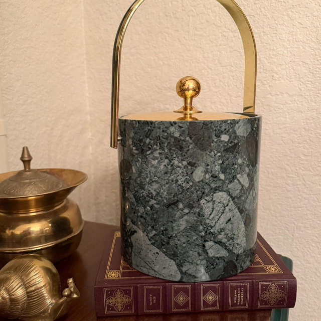 Vintage Kraftware MCM Faux Marble Ice Bucket, Brass Handle & Tongs