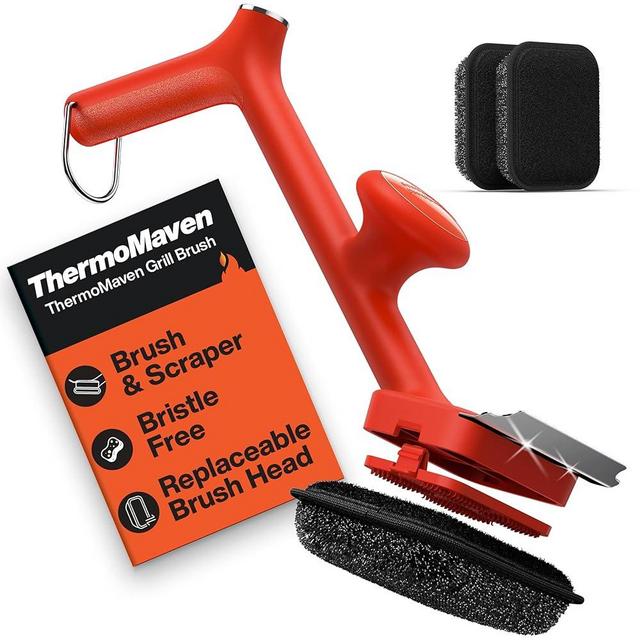 ThermoMaven Grill Brush with Scraper and 3 Replaceable Brush Heads, Safe Bristle-Free BBQ Cleaning Tool, Barbecue Grill Cleaner, Durable Scraper Tools for All Grills, Grill Accessory Gift for Men…