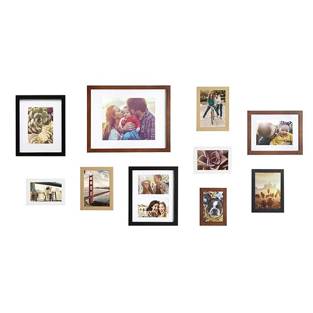 Kate and Laurel Gallery Mid-Century Wood Wall Frame Set, Set of 10, Walnut Brown, Gold, Black, and White