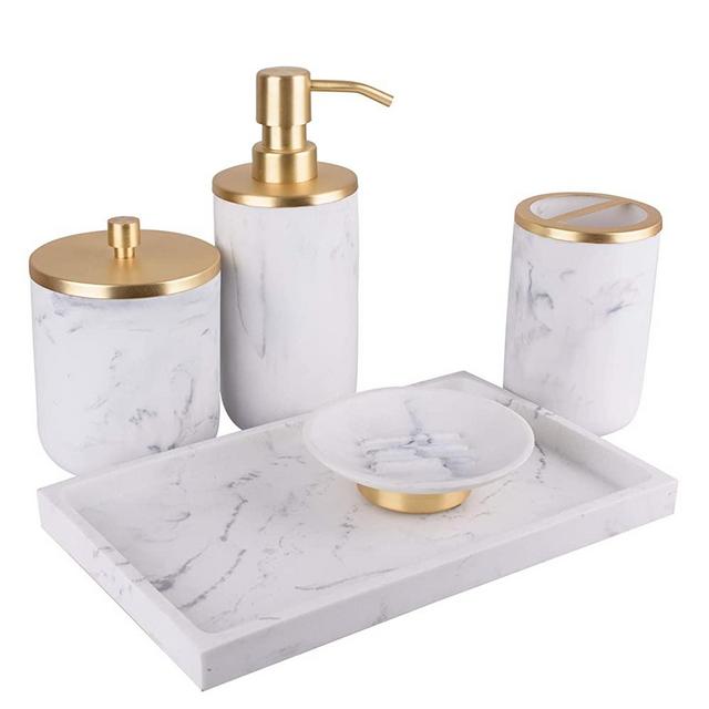 Bathroom Soap Dispenser Set - Bathroom Toothbrush Holder Set, Marble Bathroom Accessories, Gold Bathroom Accessories, Farmhouse Bathroom Decor, Gold Soap Dispenser, 5 Piece Bathroom Accessories Set