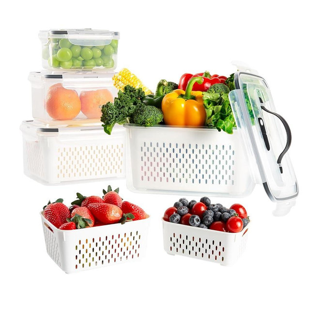 LUXEAR 4PCS Fruit Storage Containers For Fridge, Produce Vegetable Saver Container with Lid Colander Vent Handle, BPA-Free Refrigerator Microwave Dishwasher Safe, Keep Fruits Veggie Food Fresh