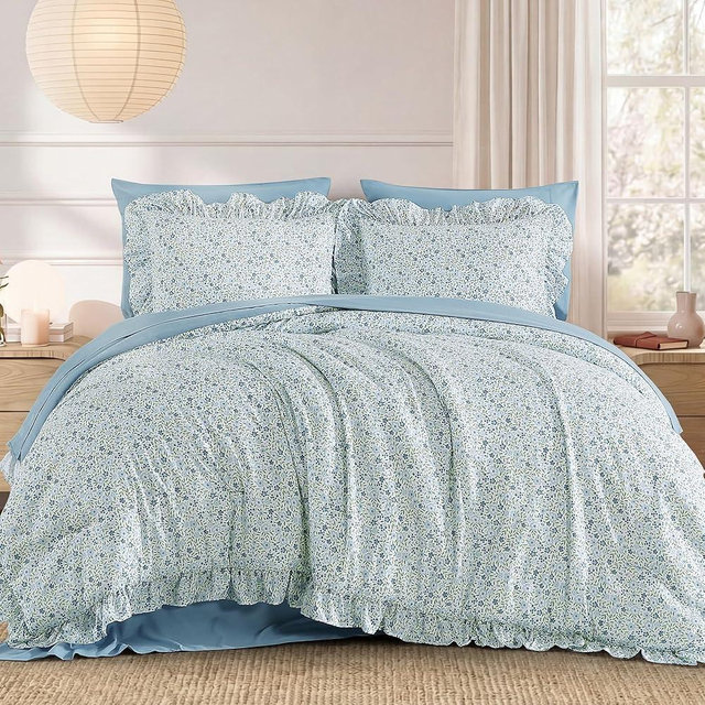 BLOOMHAVEN Queen Comforter Set - 7 Pieces Ruffle Blue Ditzy Bedding Sets, Shabby Chic Farmhouse Bed in a Bag Queen with Floral Comforter, Sheets, Pillowcases & Shams