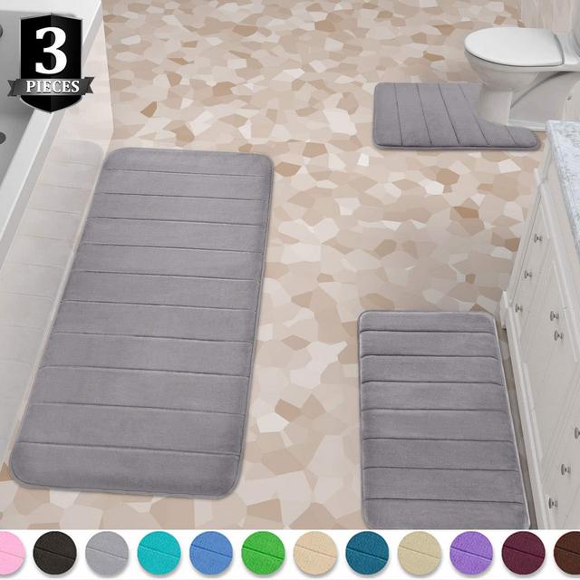 Yimobra 3 Pieces Memory Foam Bath Mat Set, XL, L and U-Shaped Size for Bathroom or Bedroom Rugs, Tub, Contour Toilet Mats, Non-Slip, Soft Comfortable, Super Water Absorption, Machine Washable, Gray