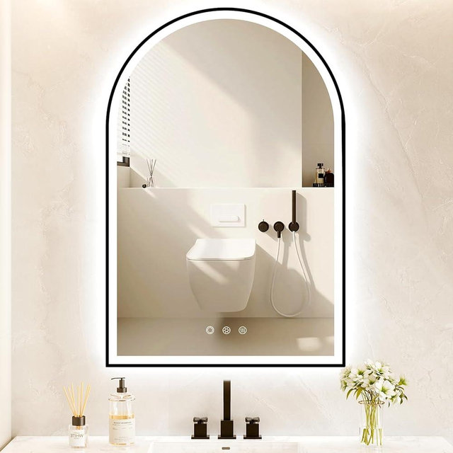 OUMUSU Arched LED Bathroom Mirror 24"x36" with Front and Backlight, Black Bathroom Mirror with Lights-Anti-Fog, Dimmable-LED Mirror for Bathroom,UL Listed