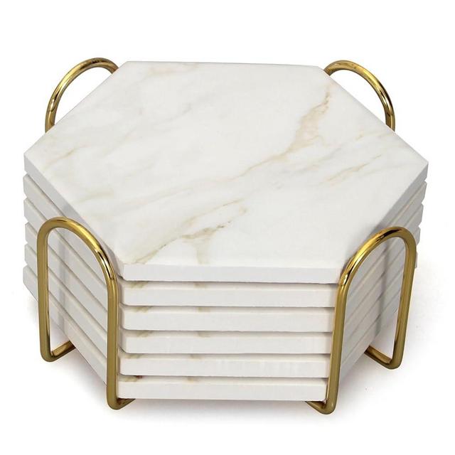 6 Pcs White Marble Coaster Set with Holder Hexagon Ceramic Coasters Absorbent Coasters Drink Coasters Set for Coffee Table Bar Coasters Wine Coasters Modern Coasters Beer Coasters Cup Coasters