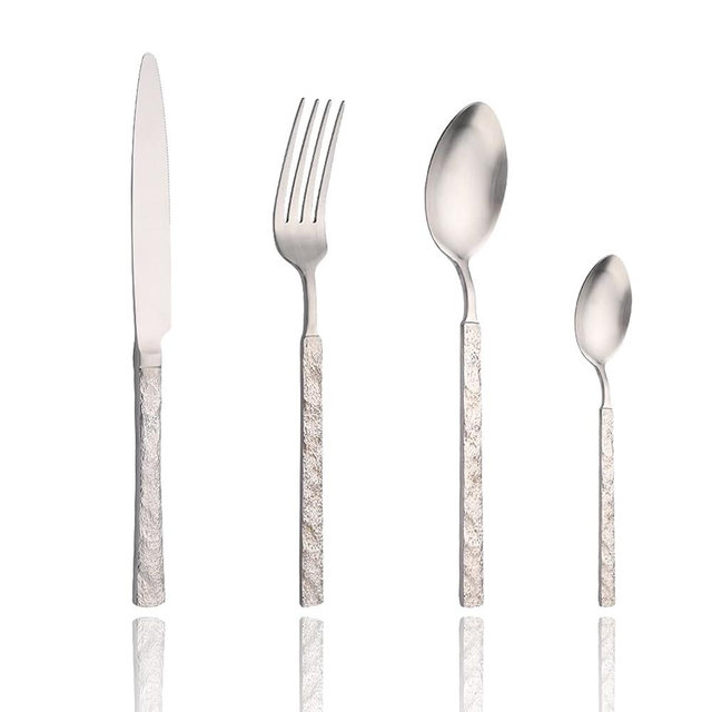 24-Piece Stainless Steel Square Edge Flatware Set Service for 6, Silver Mirror Polished Hammered Silverware, Tableware Cutlery Set Includes Dinner Knives/Forks/Spoons, Modern Design, Dishwasher Safe