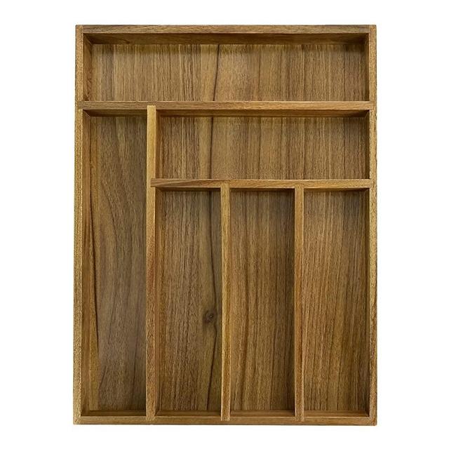 Luxury Acacia Kitchen Drawer Organizer - Silverware Organizer - Utensil Holder and Cutlery Tray with Grooved Drawer Dividers for Flatware and Kitchen Utensils (6 Slot)