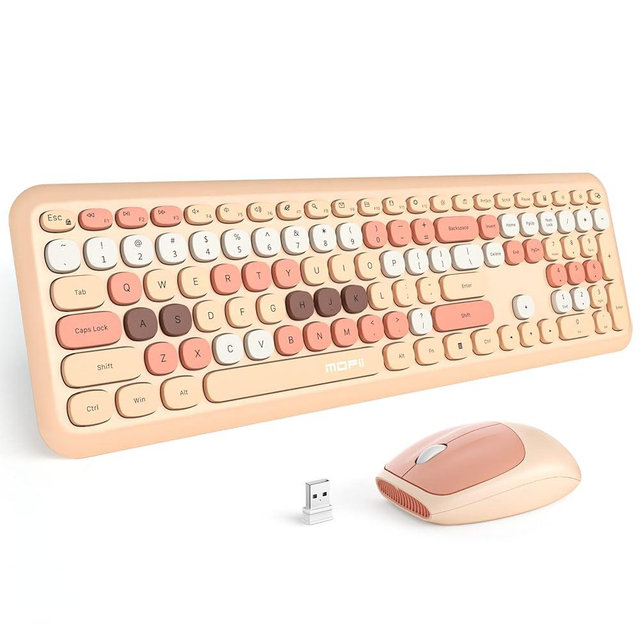 MOFII Wireless Keyboard Mouse Combo, Colorful Compact Full Size Wireless Keyboard and Mouse Set 2.4G Ultra-Thin Sleek Design for Windows, Computer, Desktop, PC, Notebook- Milk Tea Colorful