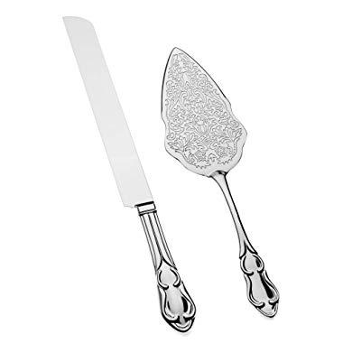 Ella Celebration Cake Knife Server Set Silver Wedding or Anniversary, Vintage Party Supplies Decoration (Elegant Silver)