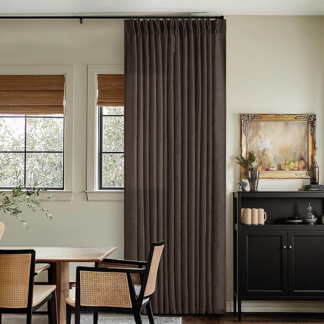Dark Chocolate Pinch Pleated Linen Curtains 2 Panels for Living Room Bedroom Memory Training Shaped Semi Sheer Pleat Drapes with Hooks Rings Light Filtering Window Curtain 40x90