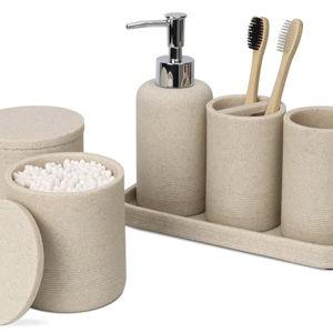 ZCCZ Beige Bathroom Accessories Set 6 Pieces - Toothbrush Holder, Lotion Dispenser, Qtip Container, Vanity Tray, Tumbler - Countertop Organizer for Bathrooms - Elegant and Functional Décor Set
