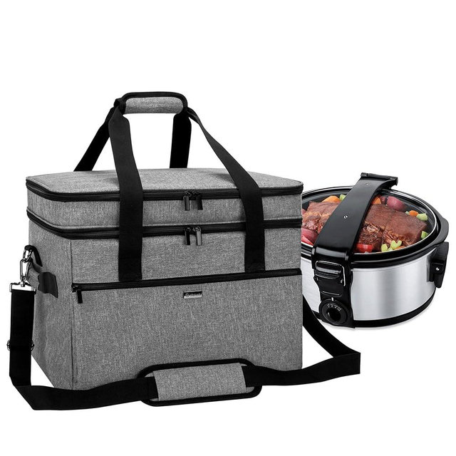 YARWO Slow Cooker Bag Compatible with Crock-Pot/Hamilton Beach 8-10 Quart, Double Layers Slow Cooker Travel Carrier Case for Kitchen Appliance and Accessories, Gray (Bag Only)