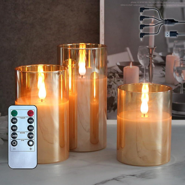 LEDHOLYT Rechargeable Flameless Candle, Flashing LED Pillar Real Wax Candle with Remote Control and Timer, Upgraded Teardrop Wick, Gold Glass Electronic Candle, 1 Set of 3