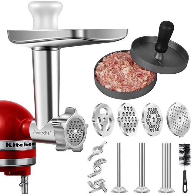 Metal Food Grinder Attachment for KitchenAid Stand Mixers, AMZCHEF Meat Grinder Attachment Included 3 Sausage Stuffer Tubes & A Holder,4 Grinding Plates,2 Grinding Blades, Burger Press,Cleaning Brush