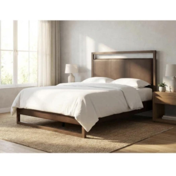 Sawyer Brown Walnut Queen Upholstered; Wood Platform Bed