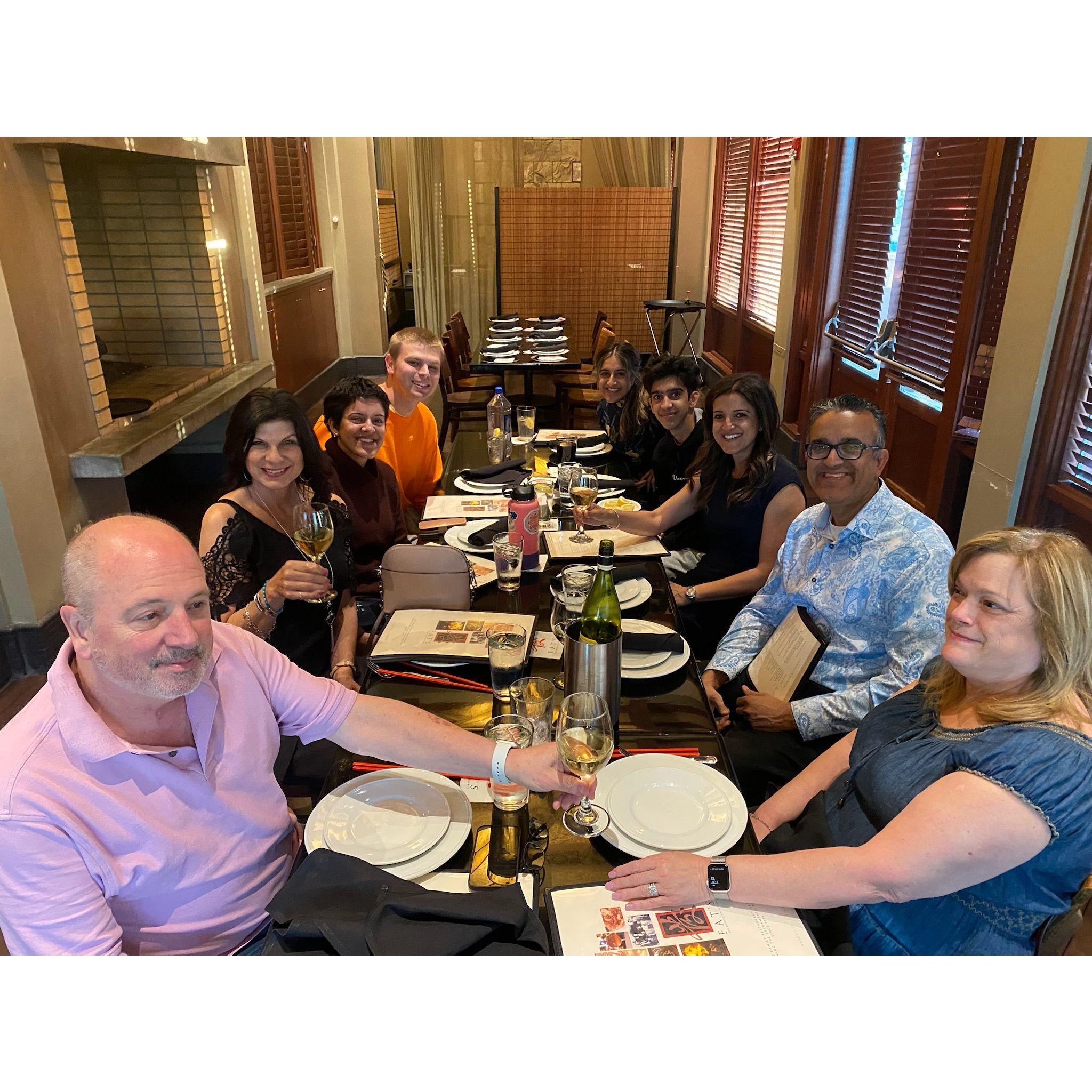Front- Chris's godmother Grace and her husband Steve. Left- Chris's mother Amy. Right- Kiran's parents Daljit and Bal, and Kiran's brother Arjun.