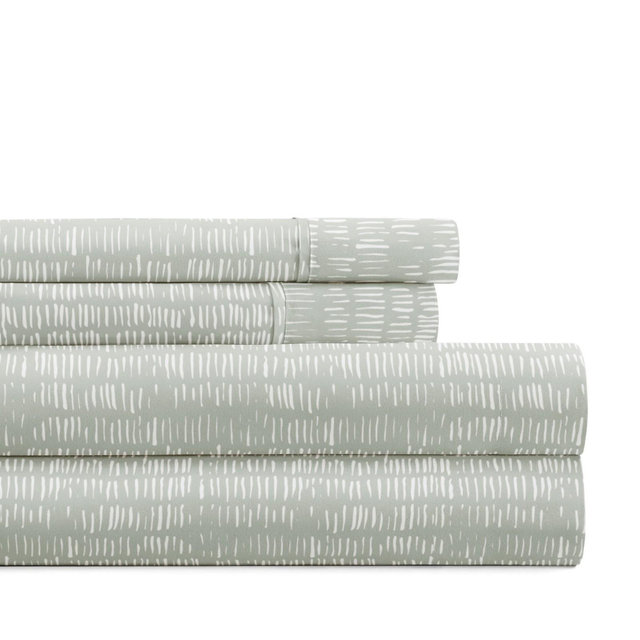 Soft Lines Patterned Stripe Ultra-Soft 4 Piece Bed Sheet Set - Becky Cameron, Dashed Lines Green Mist, Queen