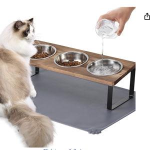 Upgraded Elevated Cat Bowls with Food Mat,15°Tilted Stand Anti Vomiting Raised Cat Dishes for Food and Water,3 Stainless Steel Bowls for Cats and Puppy（Rustic Brown）