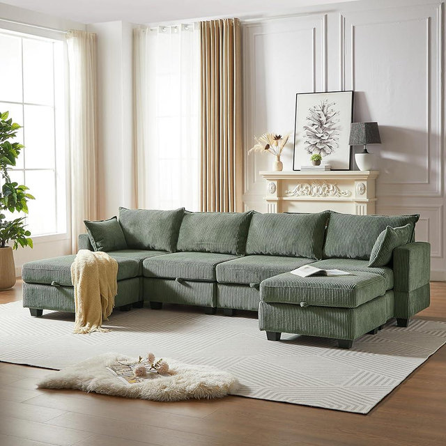 Ball & Cast 113.5'' Modular Sectiona Corduroy Sofa, Sectional Couches for Living Room U Shaped Sectional Couch w/Storage Ottoman,6 Seats Convertible Sectionals with Chaise for Apartment, Office