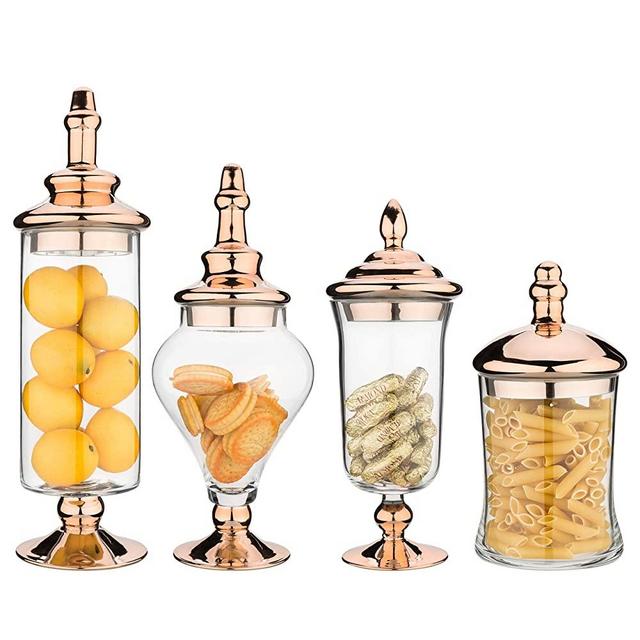 MyGift 4pcs Clear Glass Apothecary Jars with Metallic Copper-Tone Lids